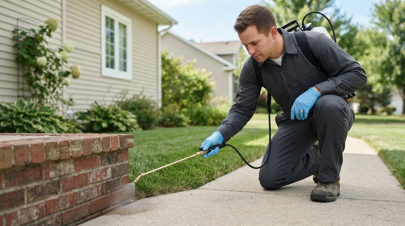 Pest control technician treating a home near Cygnet, OH